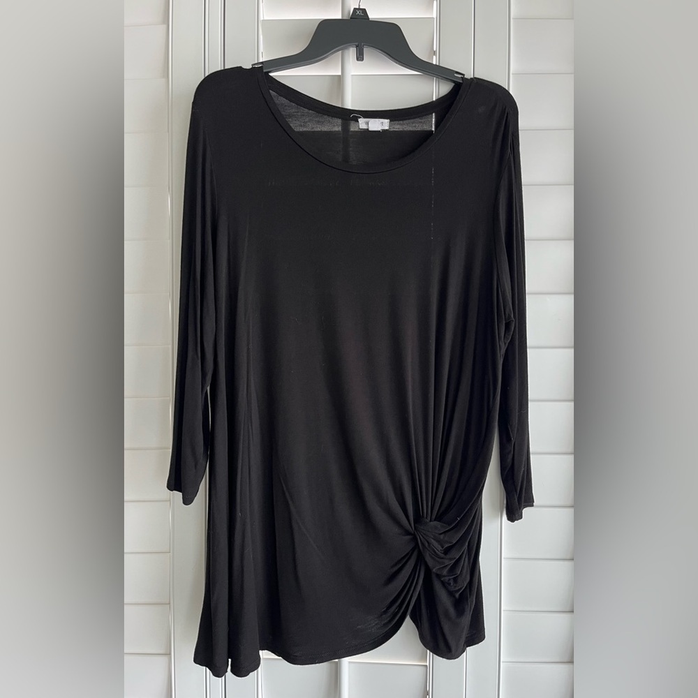 WESTPORT Black 3/4 Sleeve Scoop Neck Gathered Front Asymmetrical Long Tunic XL